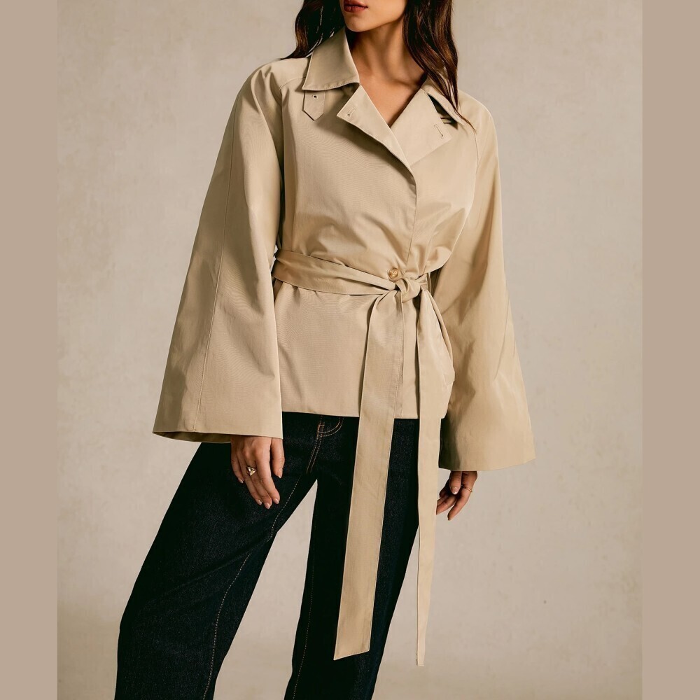 Tan Waterfall Trench Coat with Belted Wide Sleeves